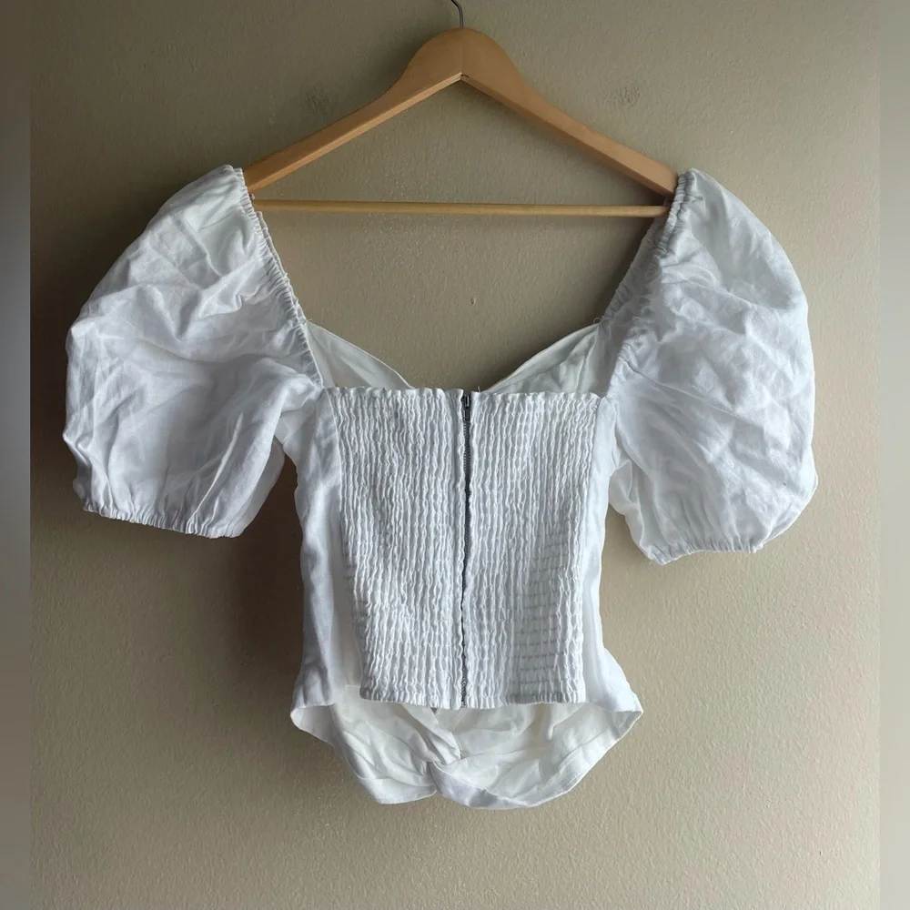 Reformation Women White Linen Puff Sleeve Top Size 8